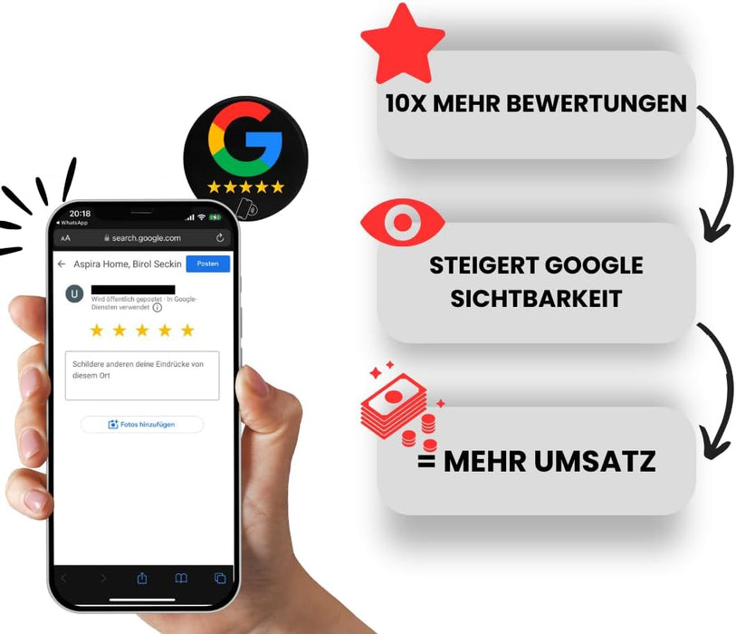Google Bewertungssticker Schwarz mit NFC Smart-Technik (30mm, Epoxy-Beschichtung) – Wir richten Ihren Sticker ein! Erhalten Sie mehr Rezensionen - Aspira Home