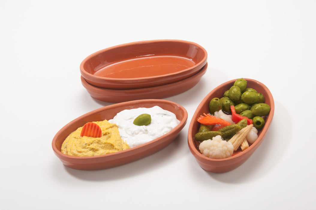 Auflaufform 4 Stk. oval, 23x13x3,5cm, Mediterranes Ton-Geschirr, 700ml, Handarbeit, Glasiert-Natur, Cazuela Schale, Tapas und Auflaufschaale