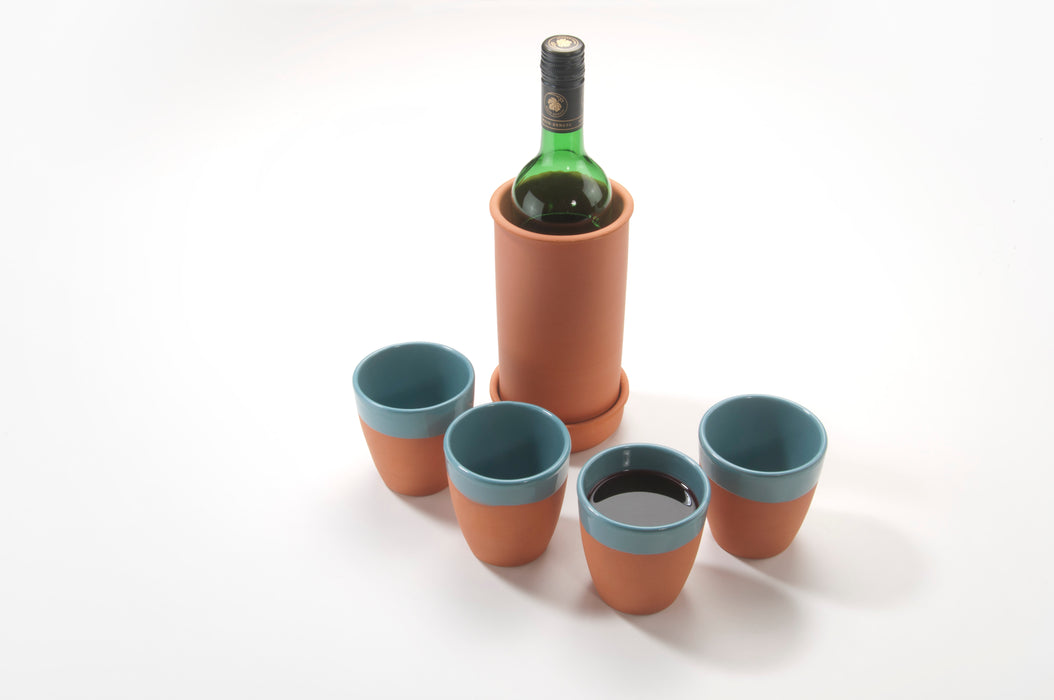 Aspira Home - Ton Flaschenkühler mit 4 Weinbechern - Türkis 330ml Natürlich/Glasiert - Weingenuss auf rustikale Art, handgemacht aus Ton …