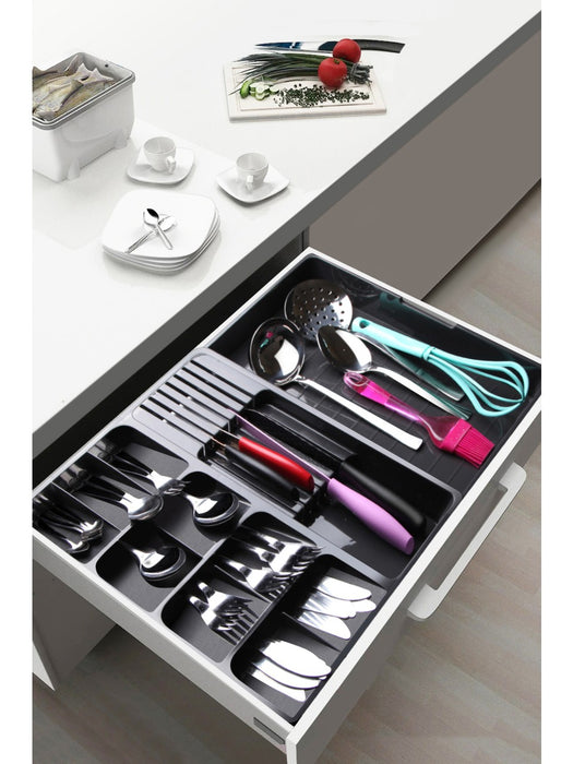 punkto. Verstellbarer Besteckkasten für Schubladen 30–50 cm – Ausziehbarer Besteck Organizer Anthrazit – Schubladeneinsatz Küche flexibel erweiterbar – Besteckhalter Kunststoff 40 x 6,5 cm