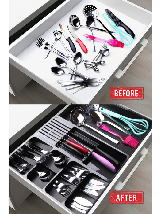 punkto. Verstellbarer Besteckkasten für Schubladen 30–50 cm – Ausziehbarer Besteck Organizer Anthrazit – Schubladeneinsatz Küche flexibel erweiterbar – Besteckhalter Kunststoff 40 x 6,5 cm