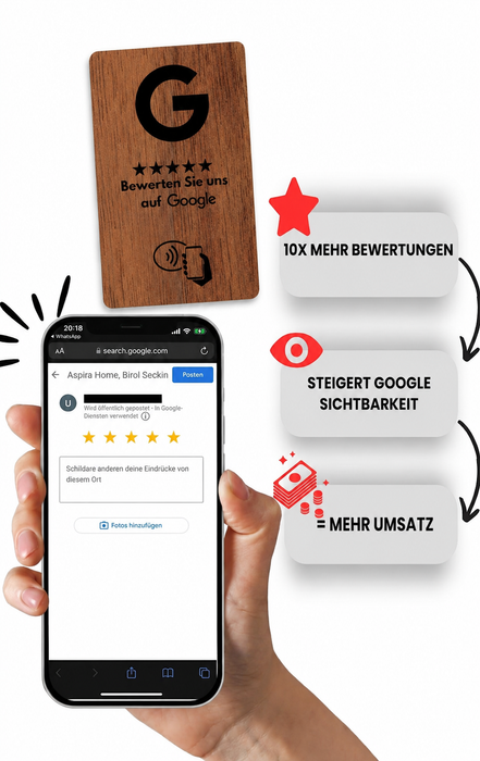 Aspira Home HOLZ NFC Google Bewertungskarten OHNE LOGO Voreingerichtet für Sofortigen Einsatz