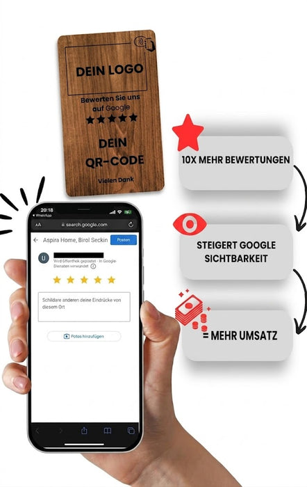Aspira Home HOLZ NFC Google Bewertungskarten MIT LOGO Voreingerichtet für Sofortigen Einsatz