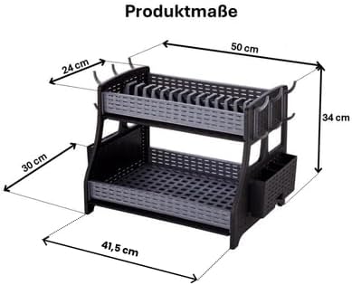 punkto. 2-stöckiges Geschirrabtropfgestell – Großes Abtropfgestell für Küche mit Besteckkorb, 6 Haken & 2 Abtropfschalen – BPA-freier Geschirrständer im modernen Hasir-Design – Anthrazit/Grau – 50 x 30 x 34 cm