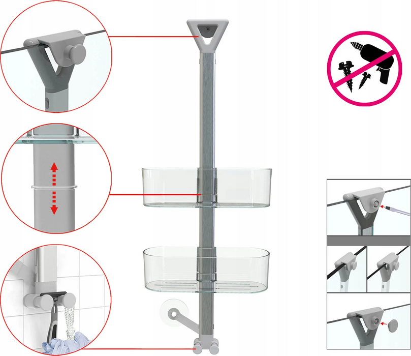 Aspira Home 3-stufiges Duschregal – Duschablage mit einzeln verstellbaren Ablagen, rostfreier Metallstange, Rasiererhalter, Spritzschutz & Haken, Weiß oder Transparent