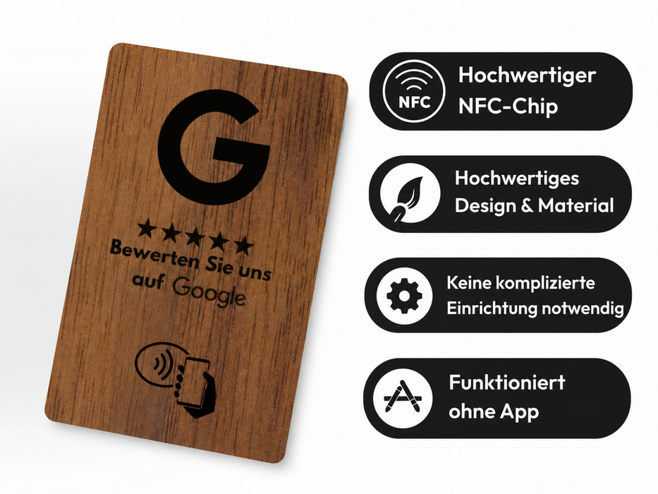 Aspira Home HOLZ NFC Google Bewertungskarten OHNE LOGO Voreingerichtet für Sofortigen Einsatz