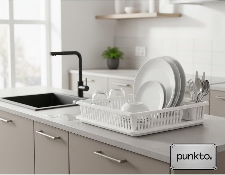 punkto. Elite Abtropfgestell für Geschirr – 46x38x9 cm – Spülmaschinenfest – BPA-frei – Kunststoff Geschirrständer mit Abtropfschale – Weiß
