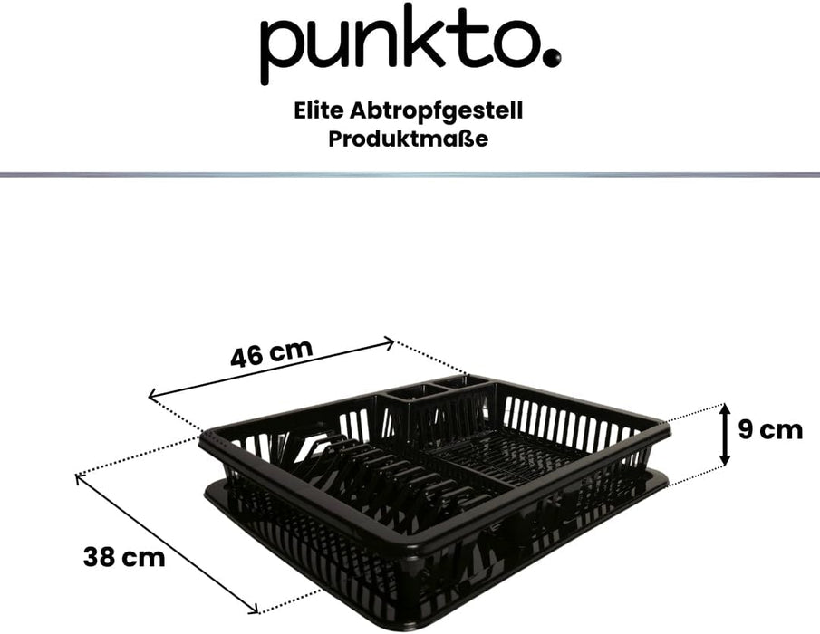 punkto. Elite Abtropfgestell für Geschirr – 46x38x9 cm – Spülmaschinenfest – BPA-frei – Kunststoff Geschirrständer mit Abtropfschale – Schwarz