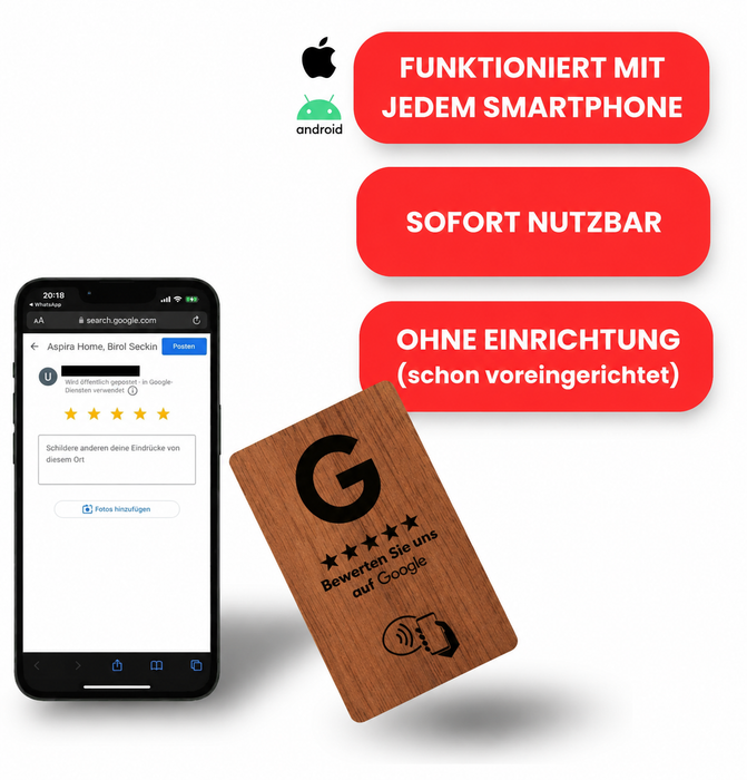 Aspira Home HOLZ NFC Google Bewertungskarten OHNE LOGO Voreingerichtet für Sofortigen Einsatz