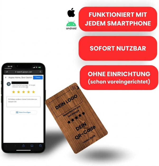 Aspira Home HOLZ NFC Google Bewertungskarten MIT LOGO Voreingerichtet für Sofortigen Einsatz