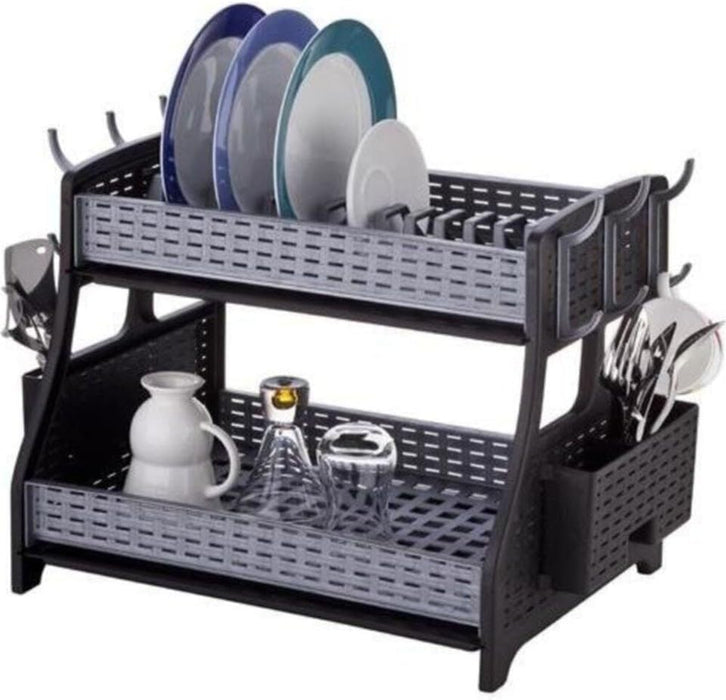 punkto. 2-stöckiges Geschirrabtropfgestell – Großes Abtropfgestell für Küche mit Besteckkorb, 6 Haken & 2 Abtropfschalen – BPA-freier Geschirrständer im modernen Hasir-Design – Anthrazit/Grau – 50 x 30 x 34 cm