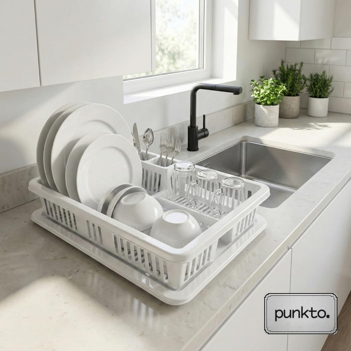 punkto. Elite Abtropfgestell für Geschirr – 46x38x9 cm – Spülmaschinenfest – BPA-frei – Kunststoff Geschirrständer mit Abtropfschale – Weiß