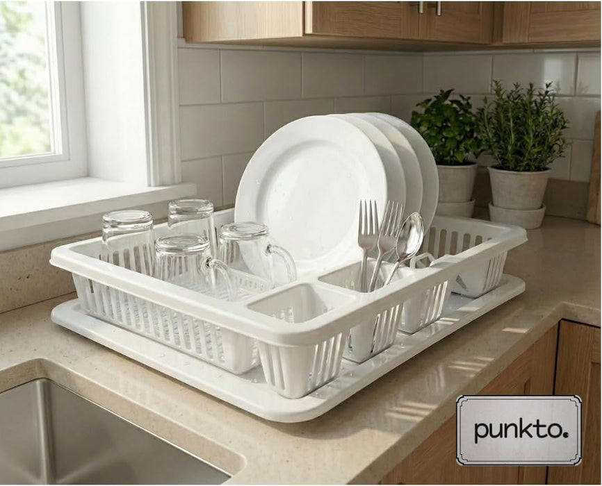 punkto. Elite Abtropfgestell für Geschirr – 46x38x9 cm – Spülmaschinenfest – BPA-frei – Kunststoff Geschirrständer mit Abtropfschale – Weiß