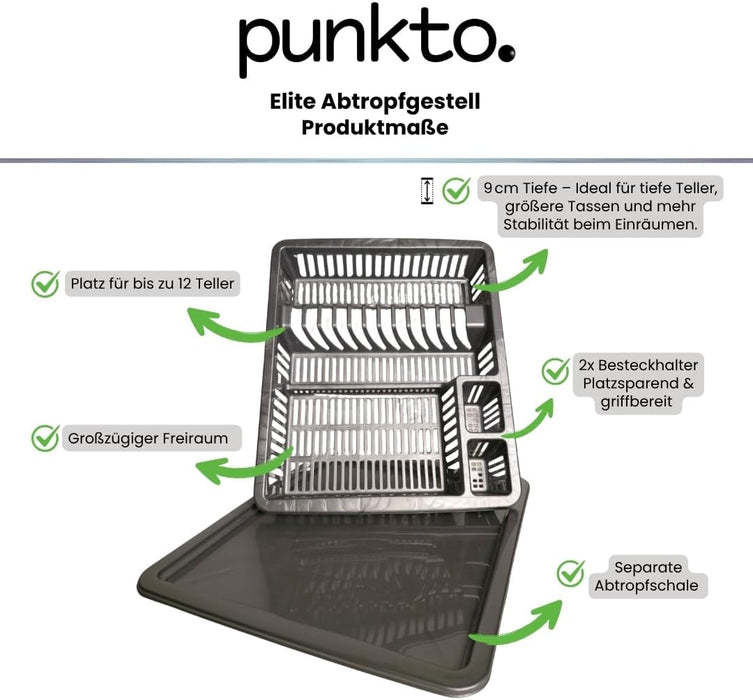 punkto. Elite Abtropfgestell für Geschirr – 46x38x9 cm – Spülmaschinenfest – BPA-frei – Kunststoff Geschirrständer mit Abtropfschale – Grau