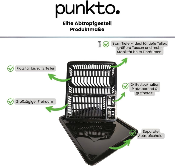punkto. Elite Abtropfgestell für Geschirr – 46x38x9 cm – Spülmaschinenfest – BPA-frei – Kunststoff Geschirrständer mit Abtropfschale – Schwarz