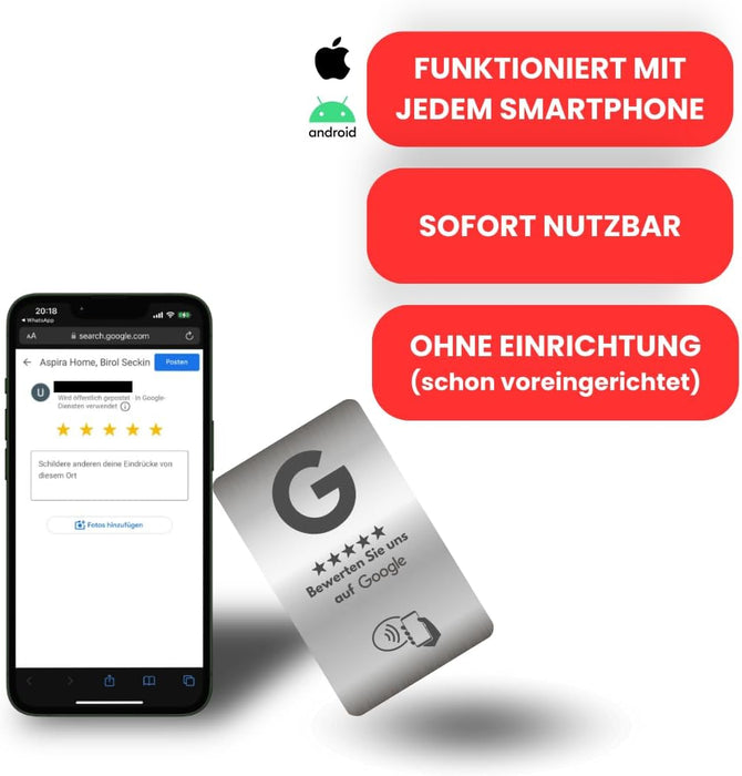 Aspira Home METALL SILBER NFC Google Bewertungskarten OHNE LOGO Voreingerichtet