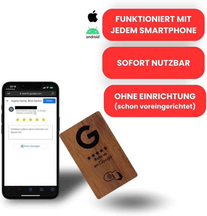 Aspira Home HOLZ NFC Google Bewertungskarten MIT LOGO Voreingerichtet für Sofortigen Einsatz