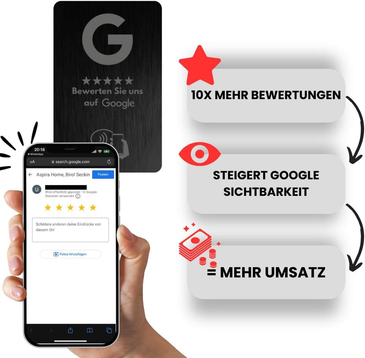 Aspira Home METALL SCHWARZ NFC Google Bewertungskarten OHNE LOGO Voreingerichtet