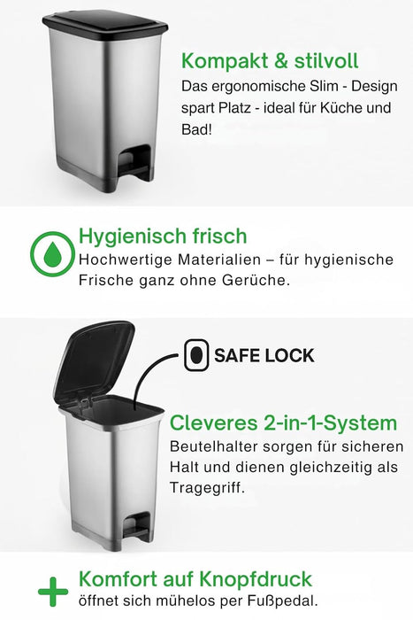 punkto. 60L Tretmülleimer mit Deckel – Slim Design – BPA-freier Kunststoff – Anthrazit mit schwarzem Deckel – Abfalleimer mit Fußpedal & Beutelhalterung für Küche, Bad & Büro