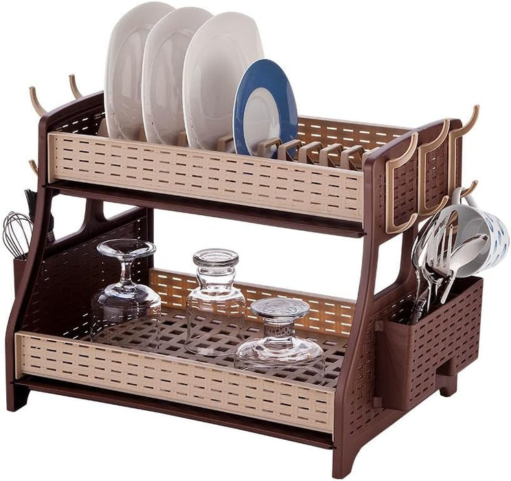punkto. 2-stöckiges Geschirrabtropfgestell – Großes Abtropfgestell für Küche mit Besteckkorb, 6 Haken & 2 Abtropfschalen – BPA-freier Geschirrständer im modernen Hasir-Design – Braun – 50 x 30 x 34 cm
