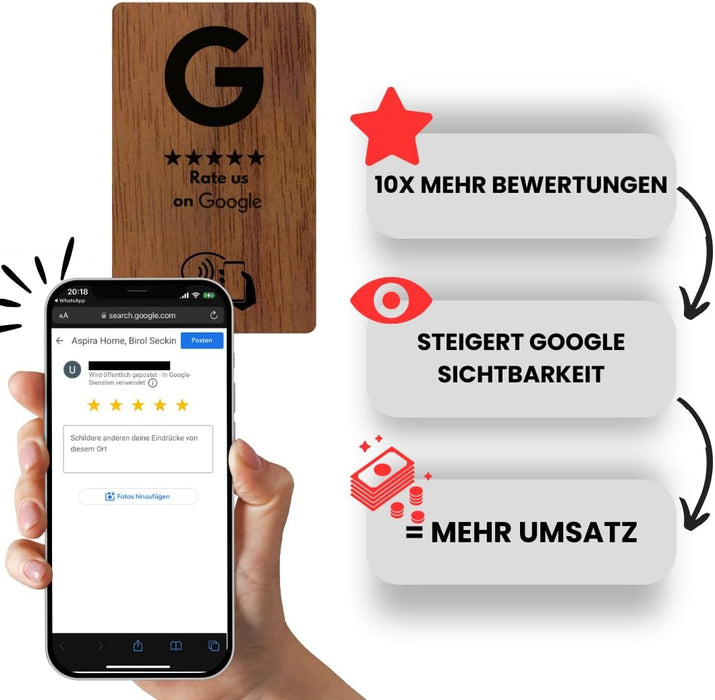 Aspira Home HOLZ NFC Google Bewertungskarten MIT LOGO Voreingerichtet für Sofortigen Einsatz