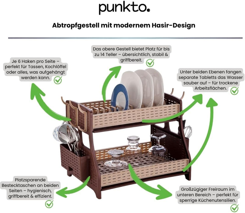 punkto. 2-stöckiges Geschirrabtropfgestell – Großes Abtropfgestell für Küche mit Besteckkorb, 6 Haken & 2 Abtropfschalen – BPA-freier Geschirrständer im modernen Hasir-Design – Braun – 50 x 30 x 34 cm