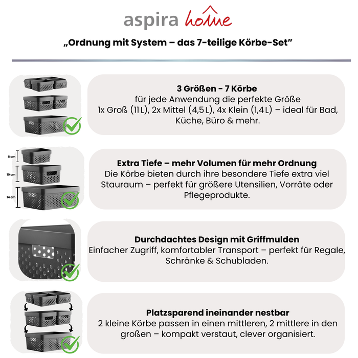Aspira Home Aufbewahrungskörbe 7er Set – Hochwertige Kunststoffkörbe BPA-frei, stapelbar & nestbar – Modernes Design in Anthrazit, Weiß oder Sand – Für Bad, Küche & Haushalt