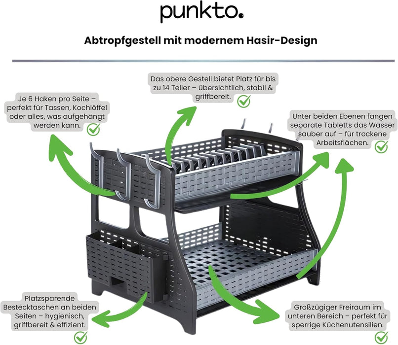 punkto. 2-stöckiges Geschirrabtropfgestell – Großes Abtropfgestell für Küche mit Besteckkorb, 6 Haken & 2 Abtropfschalen – BPA-freier Geschirrständer im modernen Hasir-Design – Anthrazit/Grau – 50 x 30 x 34 cm