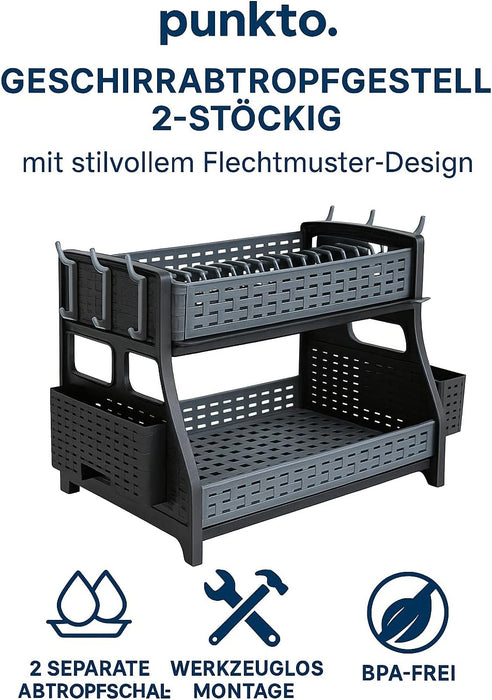 punkto. 2-stöckiges Geschirrabtropfgestell – Großes Abtropfgestell für Küche mit Besteckkorb, 6 Haken & 2 Abtropfschalen – BPA-freier Geschirrständer im modernen Hasir-Design – Anthrazit/Grau – 50 x 30 x 34 cm