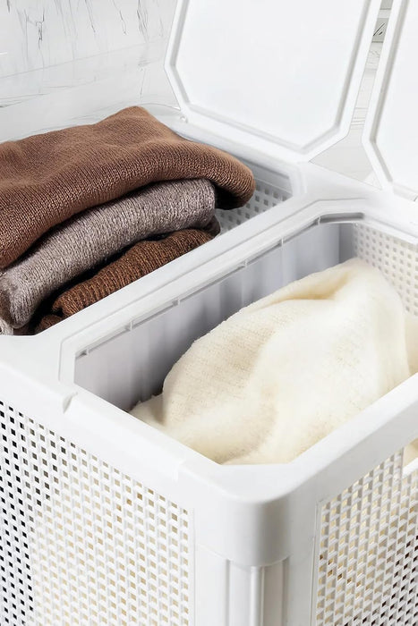 punkto. Smartdual Wäschekorb mit 2 Kammern – 84L – Wäschetrenner mit getrennten Deckeln – Moderner Wäschesammler mit Tragegriffen – Einfacher Aufbau – Weiß