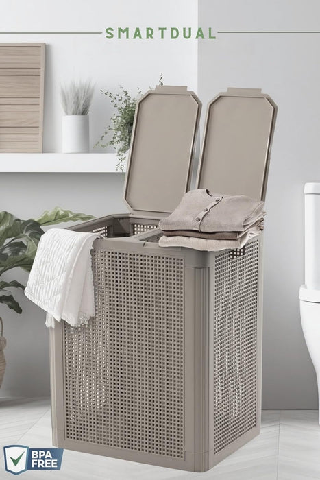 punkto. Smartdual Wäschekorb mit 2 Kammern – 84L – Wäschetrenner mit getrennten Deckeln – Moderner Wäschesammler mit Tragegriffen – Einfacher Aufbau – Grau