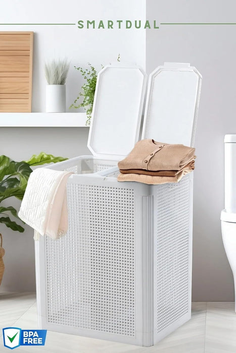 punkto. Smartdual Wäschekorb mit 2 Kammern – 84L – Wäschetrenner mit getrennten Deckeln – Moderner Wäschesammler mit Tragegriffen – Einfacher Aufbau – Weiß