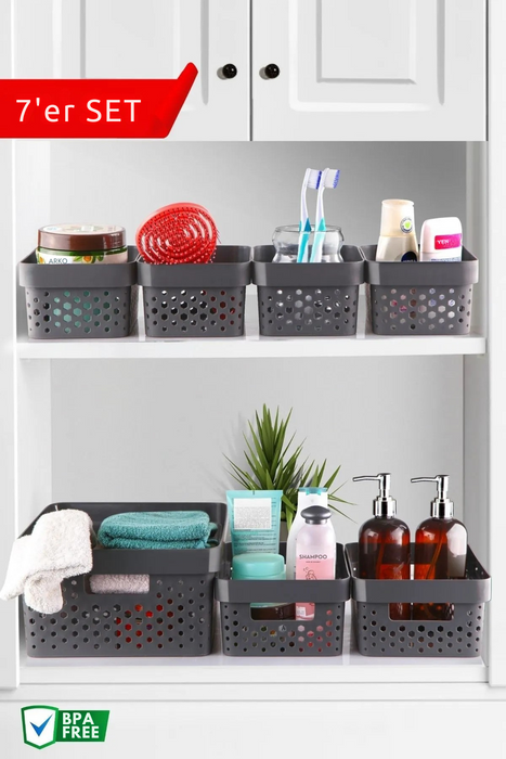 Aspira Home Aufbewahrungskörbe 7er Set – Hochwertige Kunststoffkörbe BPA-frei, stapelbar & nestbar – Modernes Design in Anthrazit, Weiß oder Sand – Für Bad, Küche & Haushalt