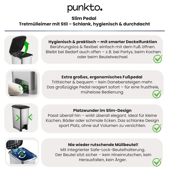 punkto. 60L Tretmülleimer mit Deckel – Slim Design – BPA-freier Kunststoff – Anthrazit mit schwarzem Deckel – Abfalleimer mit Fußpedal & Beutelhalterung für Küche, Bad & Büro
