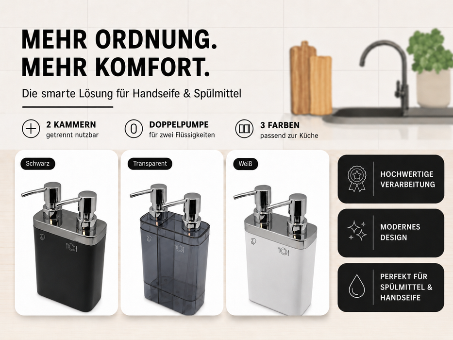 Aspira Home 2-in-1 Küchen Seifenspender mit Schwammhalter – Doppelkammer für Handseife & Spülmittel, herausnehmbare Schwammablage, 300 ml + 500 ml, Schwarz, Transparent Schwarz oder Weiß