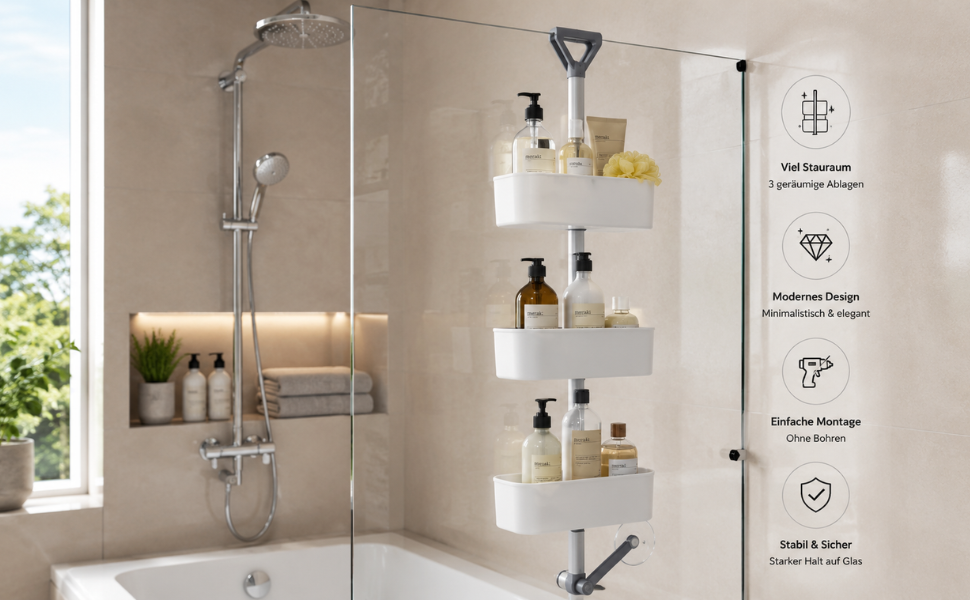 Aspira Home 3-stufiges Duschregal – Duschablage mit einzeln verstellbaren Ablagen, rostfreier Metallstange, Rasiererhalter, Spritzschutz & Haken, Weiß oder Transparent