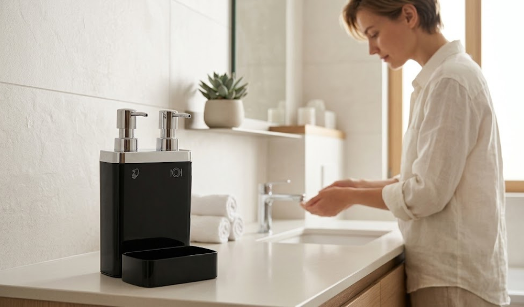 Aspira Home 2-in-1 Küchen Seifenspender mit Schwammhalter – Doppelkammer für Handseife & Spülmittel, herausnehmbare Schwammablage, 300 ml + 500 ml, Schwarz, Transparent Schwarz oder Weiß