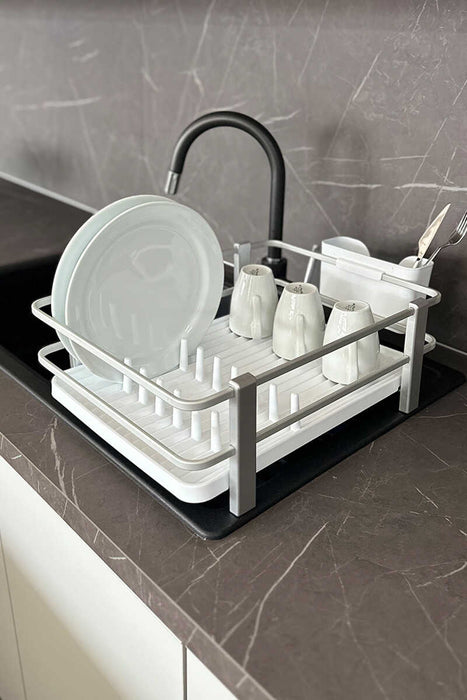Aspira Home 3-teiliges Küchen Organizer Set – Abtropfgestell aus Aluminium & Kunststoff mit Löffelablage & Schwammhalter, rostfrei, Schwarz oder Weiß, 33 × 43 × 15 cm