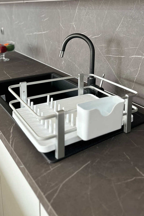 Aspira Home 3-teiliges Küchen Organizer Set – Abtropfgestell aus Aluminium & Kunststoff mit Löffelablage & Schwammhalter, rostfrei, Schwarz oder Weiß, 33 × 43 × 15 cm