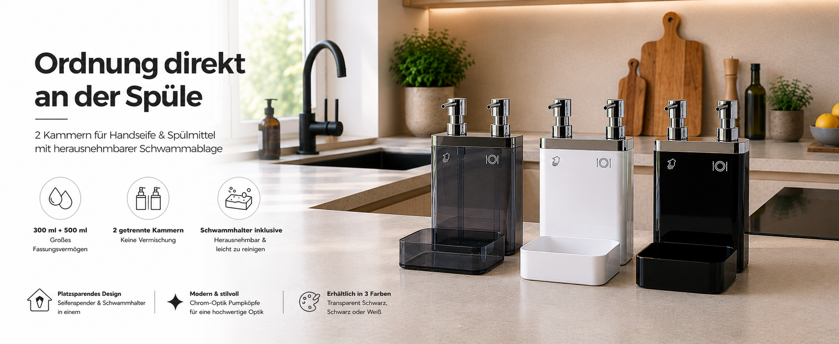 Aspira Home 2-in-1 Küchen Seifenspender mit Schwammhalter – Doppelkammer für Handseife & Spülmittel, herausnehmbare Schwammablage, 300 ml + 500 ml, Schwarz, Transparent Schwarz oder Weiß