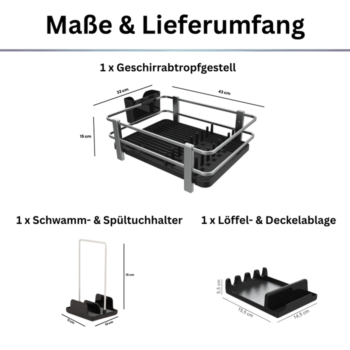 Aspira Home 3-teiliges Küchen Organizer Set – Abtropfgestell aus Aluminium & Kunststoff mit Löffelablage & Schwammhalter, rostfrei, Schwarz oder Weiß, 33 × 43 × 15 cm