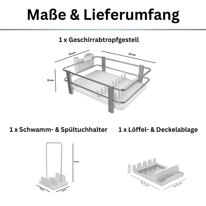Aspira Home 3-teiliges Küchen Organizer Set – Abtropfgestell aus Aluminium & Kunststoff mit Löffelablage & Schwammhalter, rostfrei, Schwarz oder Weiß, 33 × 43 × 15 cm