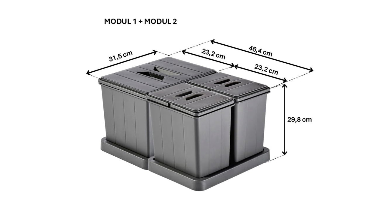 Modularer Mülleimer für Schublade, Abfallsammler „Müllomatic MODUL 1 + MODUL 2“ | Kunststoffbehälter mit montierbarer Basis | Volumen: 1x16L + 2x7,5L | Mülltrennsystem | Höhe 298mm (MODUL 1 + MODUL 2)