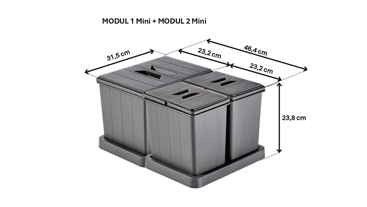 Aspira Modularer Mülleimer für Schublade, Abfallsammler „Müllomatic MODUL 1 Mini + MODUL 2 Mini“ | Kunststoffbehälter mit montierbarer Basis | Volumen: 1x12L + 2x6L | Mülltrennsystem | Höhe 238mm