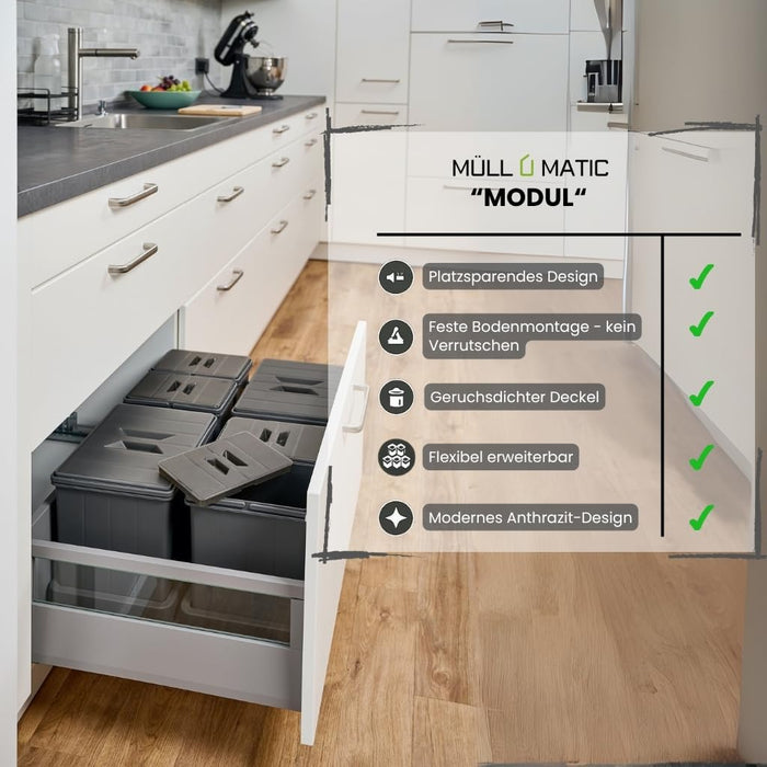 Aspira Modularer Mülleimer für Schublade, Abfallsammler „Müllomatic MODUL 1“ | Kunststoffbehälter mit montierbarer Basis | Volumen: 1x16L | Mülltrennsystem | Höhe 298mm (MODUL 1)