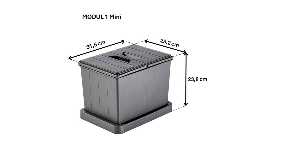 Aspira Modularer Mülleimer für Schublade, Abfallsammler „Müllomatic MODUL 1 Mini“ | Kunststoffbehälter mit montierbarer Basis | Volumen: 1x12L | Mülltrennsystem | Höhe 238mm (MODUL 1 Mini)