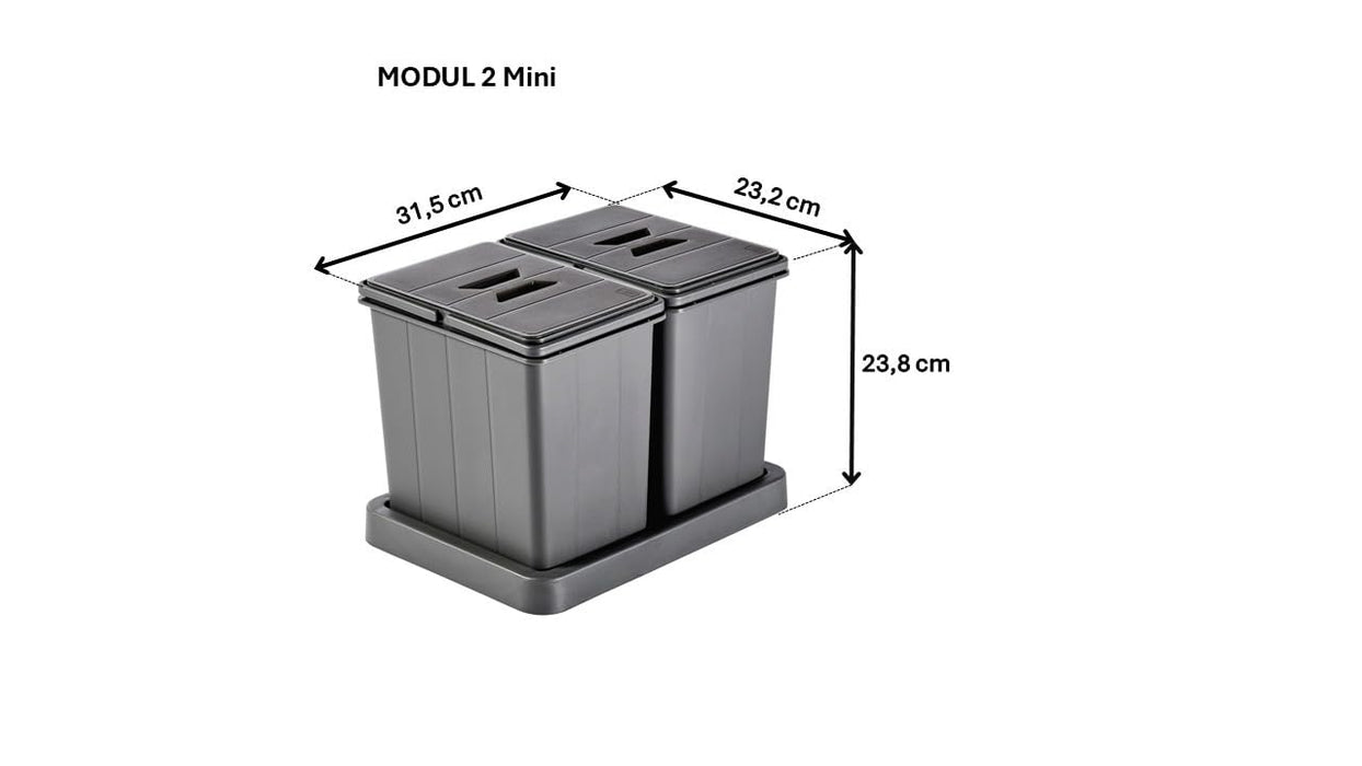 Aspira Modularer Mülleimer für Schublade, Abfallsammler „Müllomatic MODUL 2 Mini“ | Kunststoffbehälter mit montierbarer Basis | Volumen: 2x 6L | Mülltrennsystem | Höhe 238mm (MODUL 2 Mini)