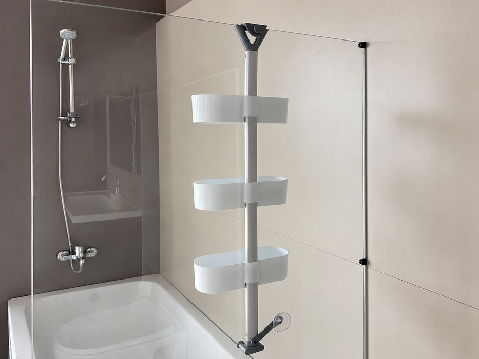 Aspira Home 3-stufiges Duschregal – Duschablage mit einzeln verstellbaren Ablagen, rostfreier Metallstange, Rasiererhalter, Spritzschutz & Haken, Weiß oder Transparent