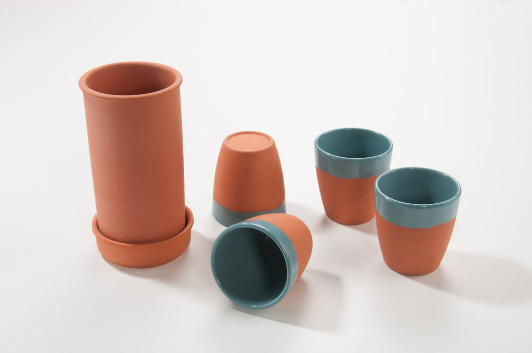 Aspira Home - Ton Flaschenkühler mit 4 Weinbechern - Türkis 330ml Natürlich/Glasiert - Weingenuss auf rustikale Art, handgemacht aus Ton