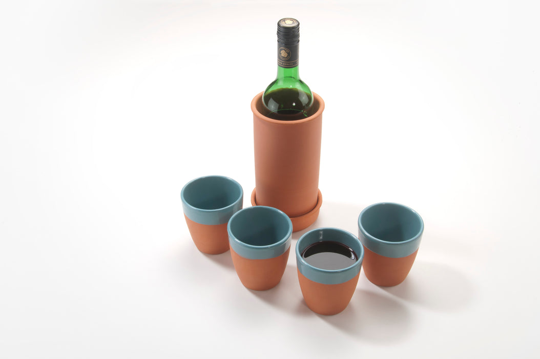 Aspira Home - Ton Flaschenkühler mit 4 Weinbechern - Türkis 330ml Natürlich/Glasiert - Weingenuss auf rustikale Art, handgemacht aus Ton